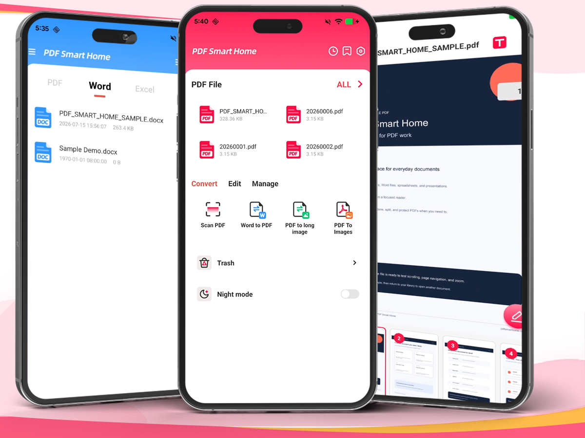 PDF Smart Home file list, PDF tools and document reader shown on three phones
